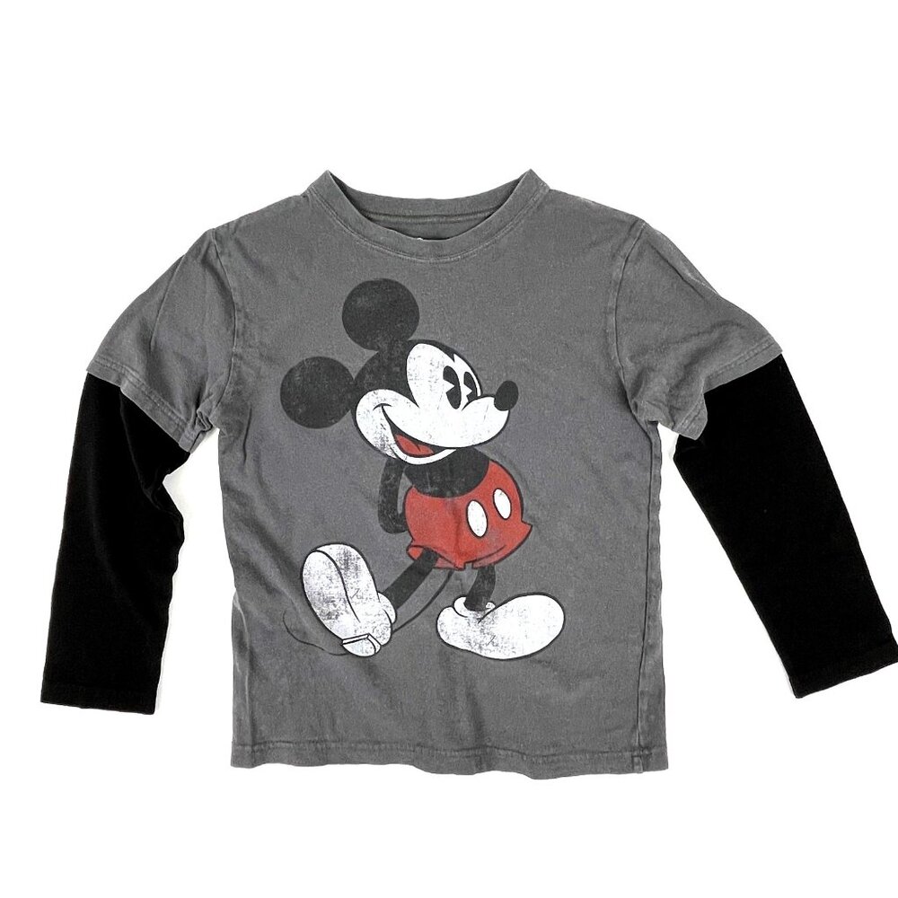Disney Mickey Mouse Layered Long-Sleeve T-Shirt Sz Youth M Gray/Black